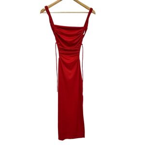 Shareen Collections Australia Red Ribbed Ruched Open Back Midi Dress Size US 2